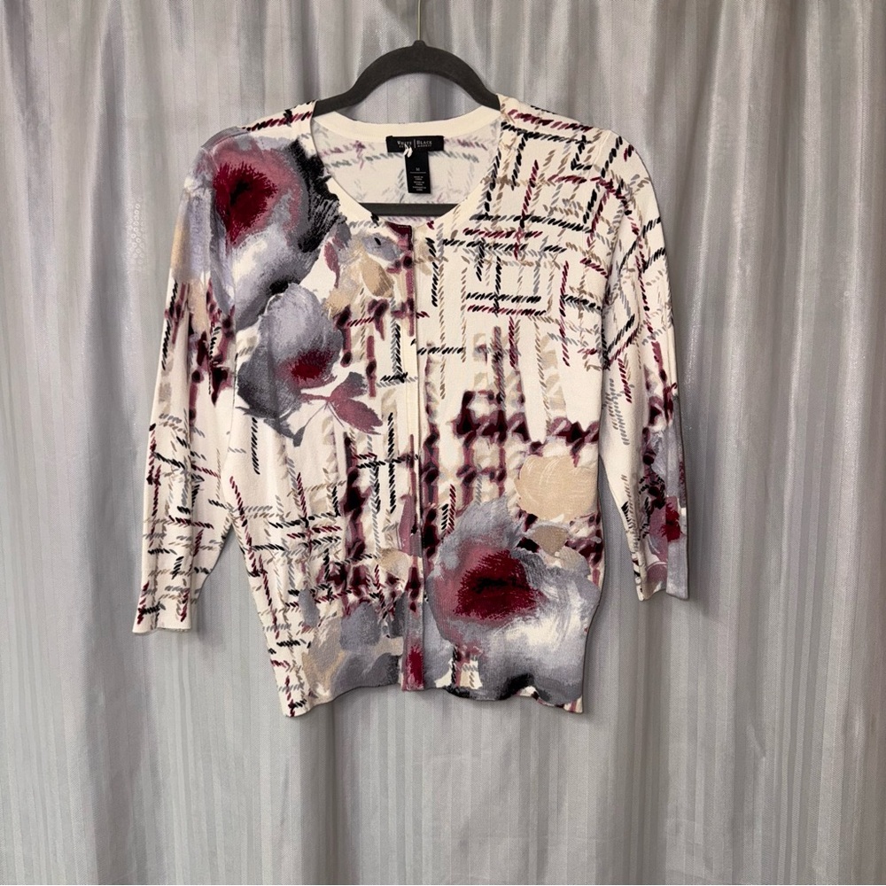 White House Black Market Abstract Floral Cardigan - Cream, Red, Gray